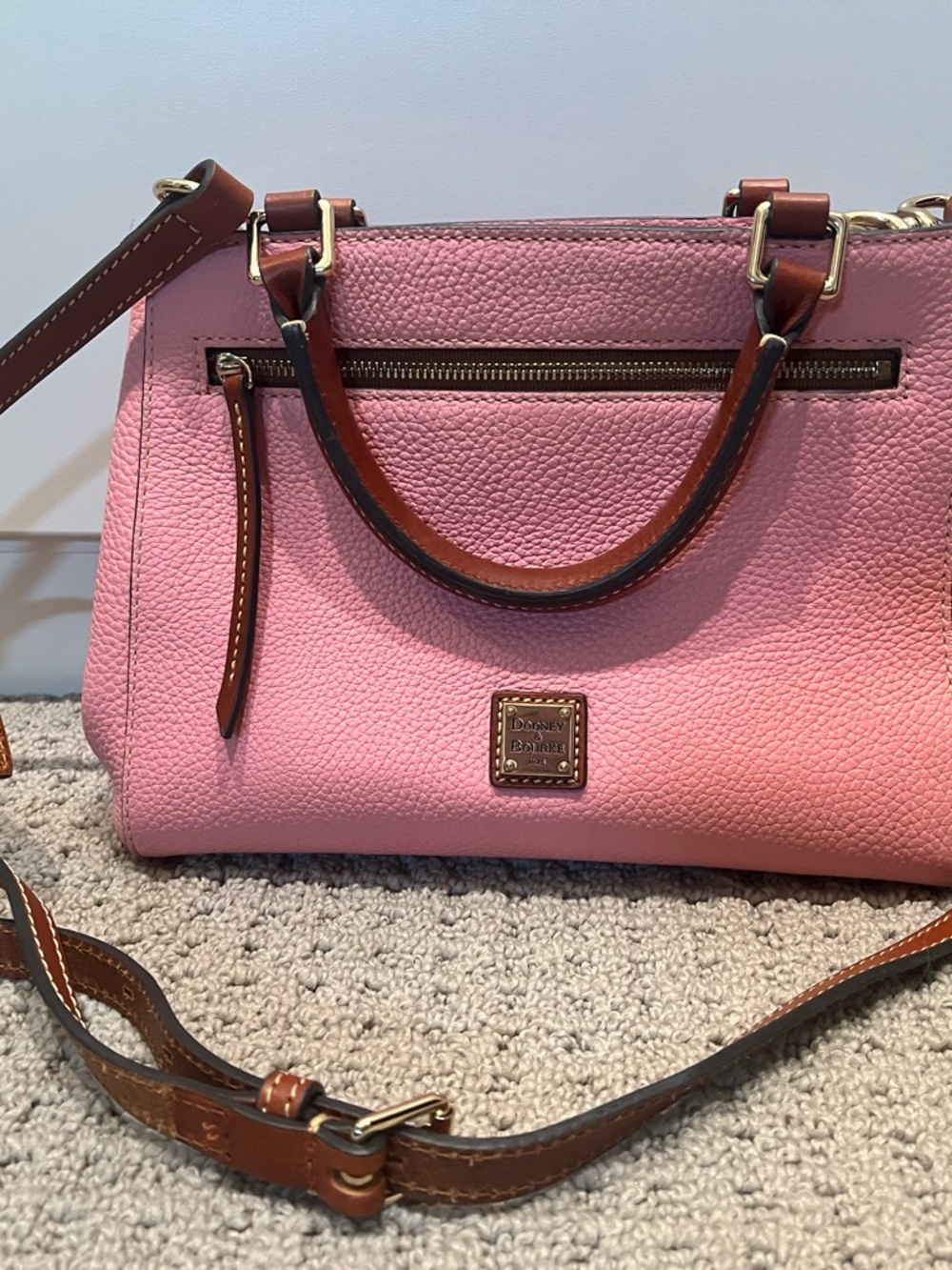 Dooney & Bourke Pink Pebble Leather Satchel with Brown Trim